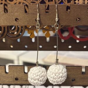Hand Crafted White Crochet Ball Drop Earrings
